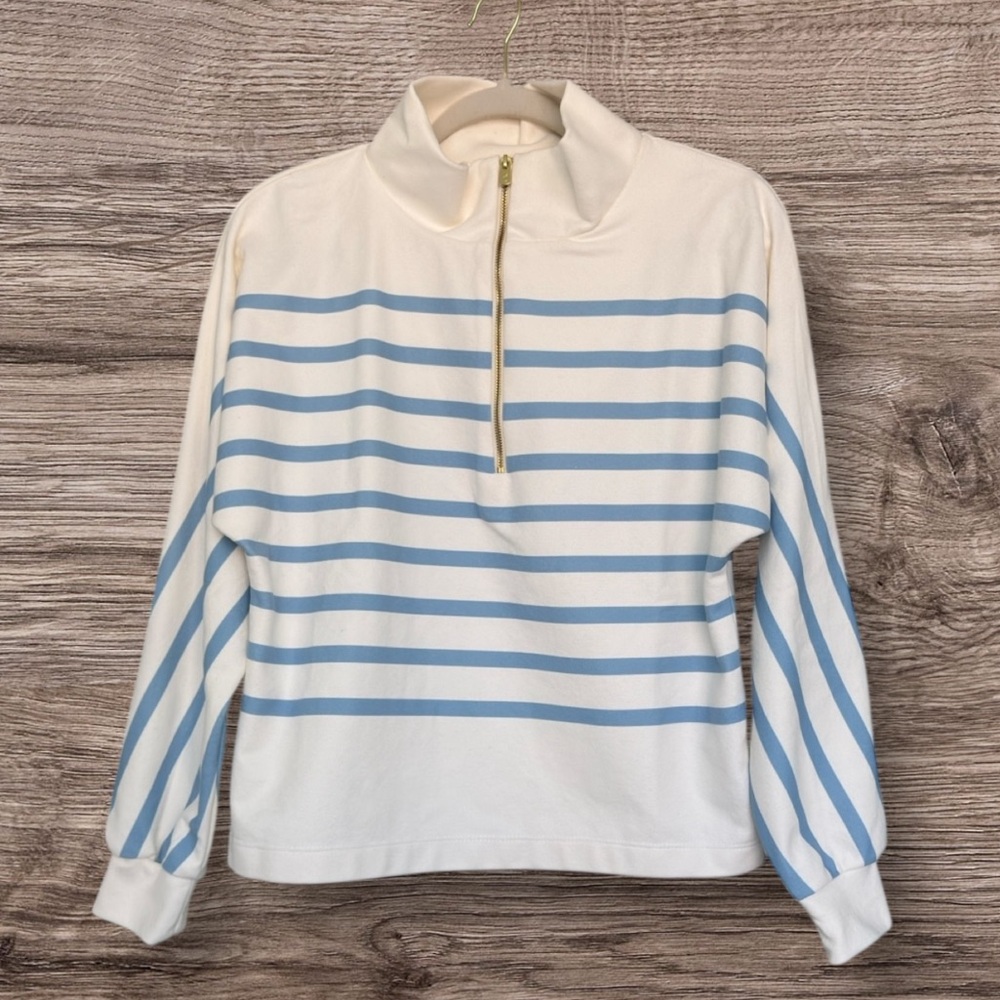 831 Dudley Stephens Marion Zip Pullover Ice Blue Stripe Terry Fleece XS